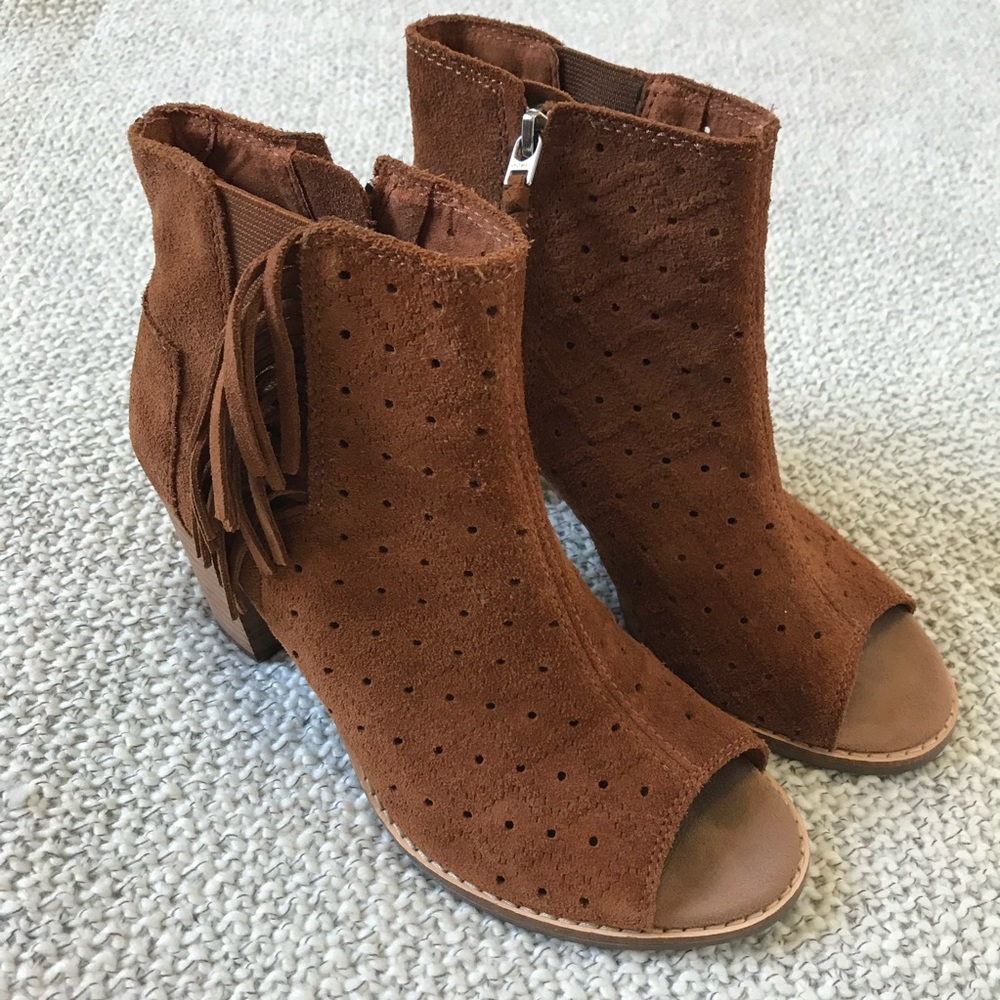 TOMS Majorca Fringe Suede Peep Toe Bootie